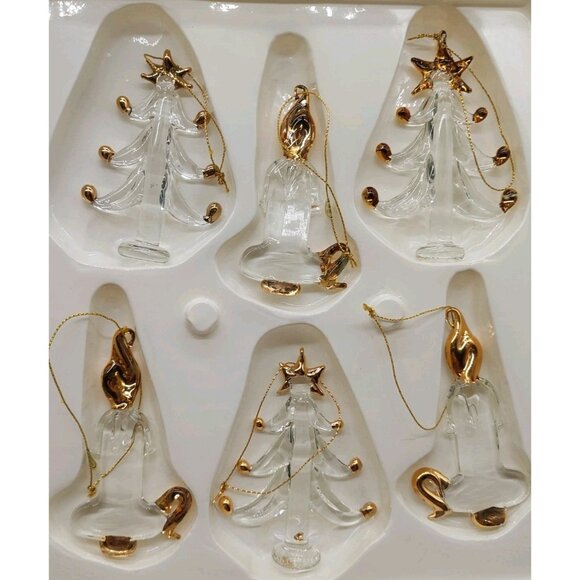 Holiday Living Ornaments Spun Glass Clear & Gold Candles & Trees Set Of 6 - Picture 1 of 8